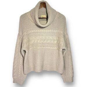 Elie Tahari Sweater M Chunky Knit Turtleneck Beige Cozy Stretch Fisherman‎